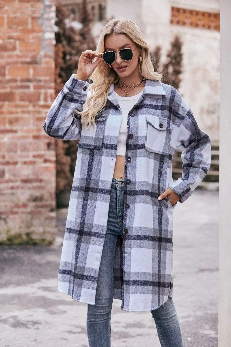 WOMEN CASUAL FLANNEL PLAID LONG BUTTON UP COAT