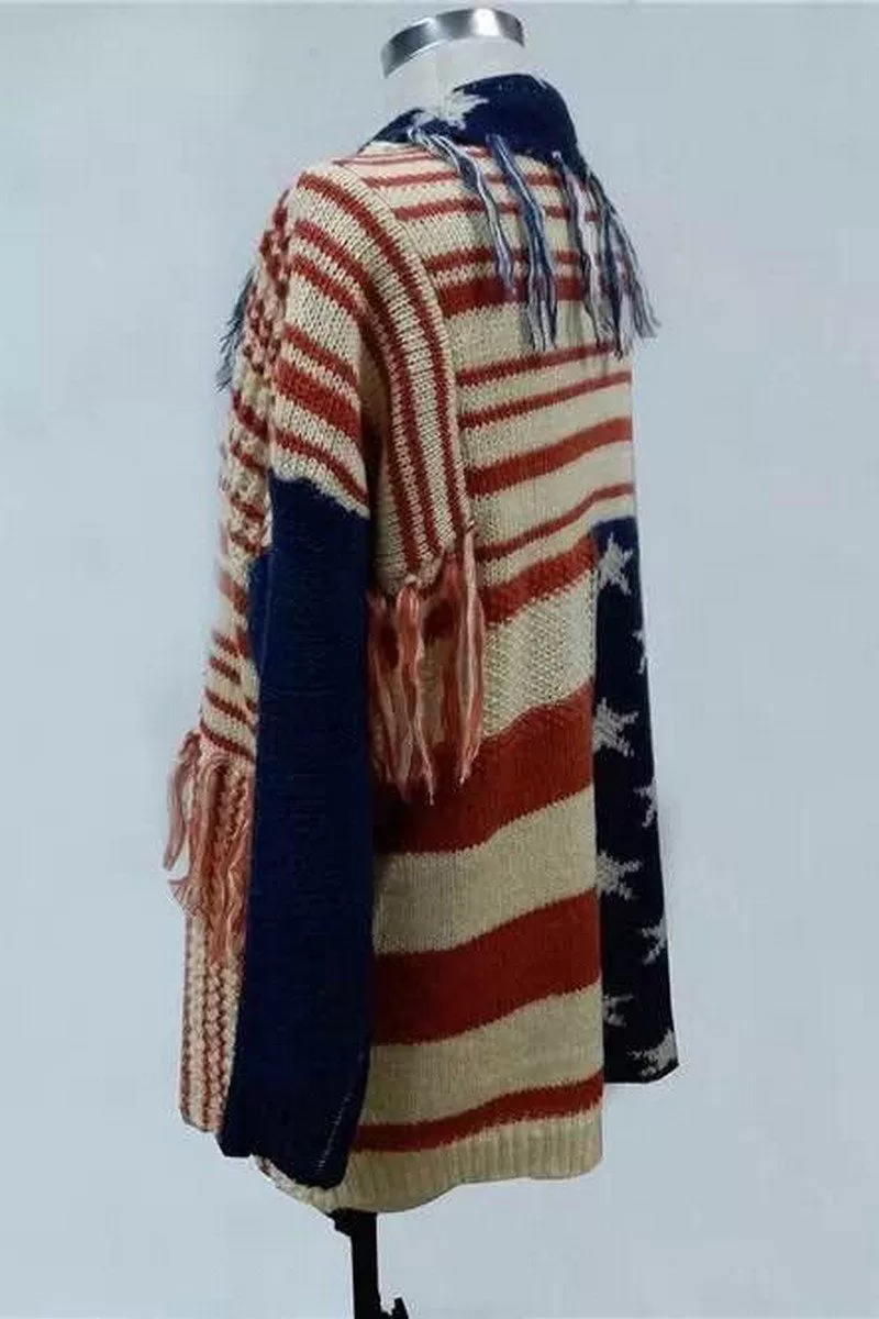 WOMEN CONTRASTING STAR STRIPE FRINGE KNIT CARDIGAN
100% POLYESTER
SIZE S(2)-M(2)-L(2)-XL(2)
MADE IN CHINA