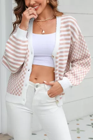 WOMEN STRIPE AND PLAID PATTERN BUTTON UP CARDIGAN