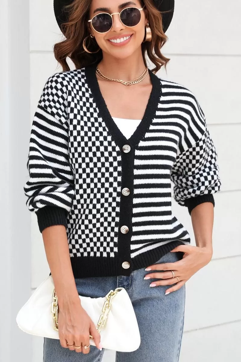 WOMEN STRIPE AND PLAID PATTERN BUTTON UP CARDIGAN