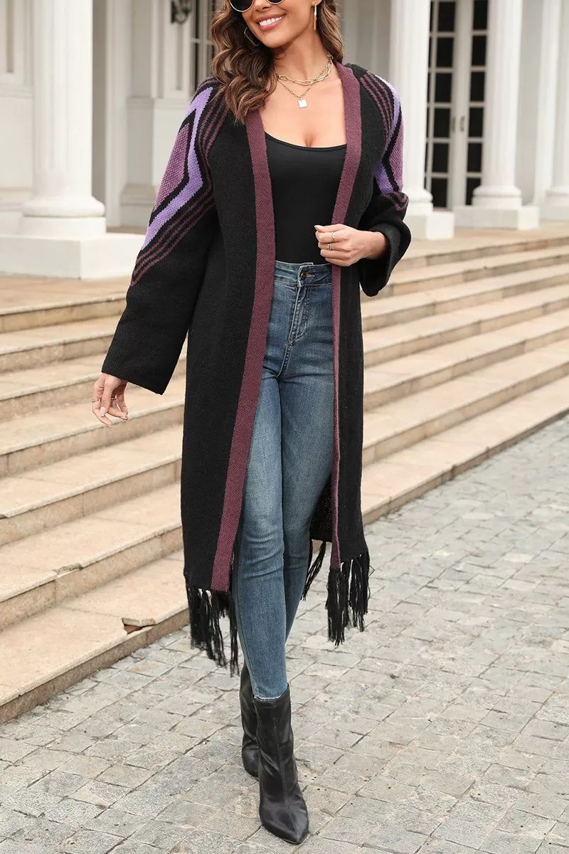 WOMEN TASSEL HEM PATTERNED LONG CARDIGAN