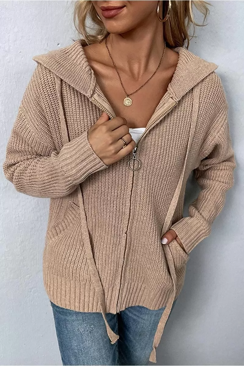 WOMENS KNITTED ZIP UP HOODIE CARDIGAN